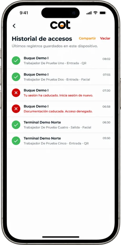 CotApp — historial de accesos